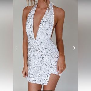 White Halter Sequin Mini Dress - XS